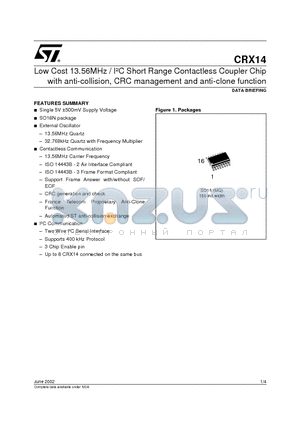 CRX14 datasheet - Low Cost 13.56MHz / IbC Short Range Contactless Coupler Chip with anti-collision, CRC management and anti-clone function