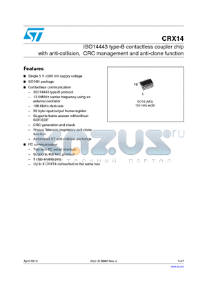 CRX14_10 datasheet - ISO14443 type-B contactless coupler chip with anti-collision, CRC management and anti-clone function