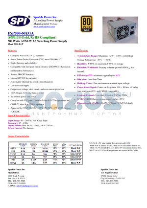 FSP500-60EGA datasheet - 500 Watts ATX12V12V 2.3 Switching Power Supply