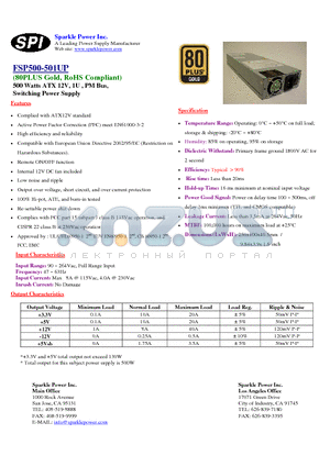 FSP500-701UP datasheet - 500 Watts ATX 12V, 1U, PM Bus, Switching Power Supply