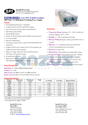 FSP500-80MR1 datasheet - 500 Watts, 11 Redundant Switching Power Supply
