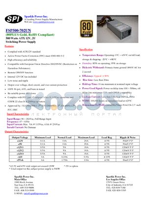 FSP500-702UN datasheet - 500 Watts ATX 12V, 2U Switching Power Supply