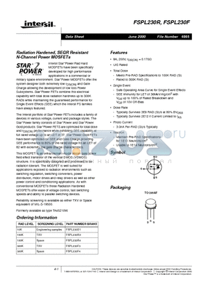 FSPL230R4 datasheet - Radiation Hardened, SEGR Resistant N-Channel Power MOSFETs