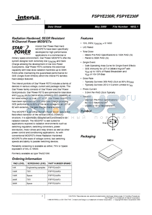 FSPYE230D1 datasheet - Radiation Hardened, SEGR Resistant N-Channel Power MOSFETs