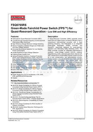 FSQ0765RS datasheet - Green-Mode Fairchild Power Switch (FPS) for Quasi-Resonant Operation - Low EMI and High Efficiency