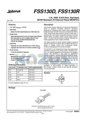 FSS130R datasheet - 11A, 100V, 0.210 Ohm, Rad Hard, SEGR Resistant, N-Channel Power MOSFETs