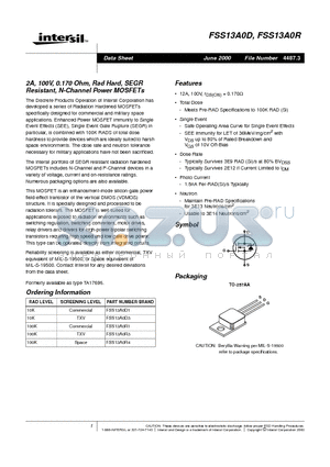 FSS13A0D datasheet - 2A, 100V, 0.170 Ohm, Rad Hard, SEGR Resistant, N-Channel Power MOSFETs