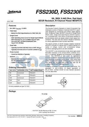 FSS230D1 datasheet - 8A, 200V, 0.440 Ohm, Rad Hard, SEGR Resistant, N-Channel Power MOSFETs
