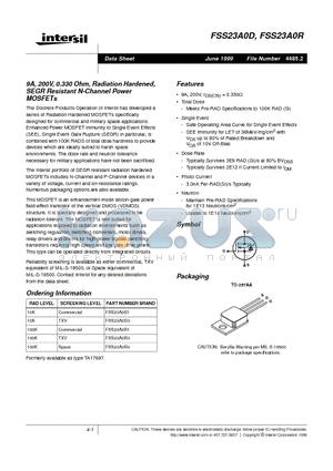 FSS23A0D3 datasheet - 9A, 200V, 0.330 Ohm, Radiation Hardened, SEGR Resistant N-Channel Power MOSFETs