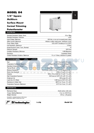 84PR1MEGLFTR datasheet - 1/4 Square Multiturn Surface Mount Cermet Trimming Potentiometer