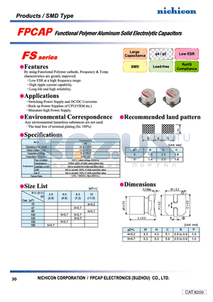 FSSERIES datasheet - FUNCTIONAL POLYMER ALUMINUM SOLID ELECTROLYTIC CAPACITORS