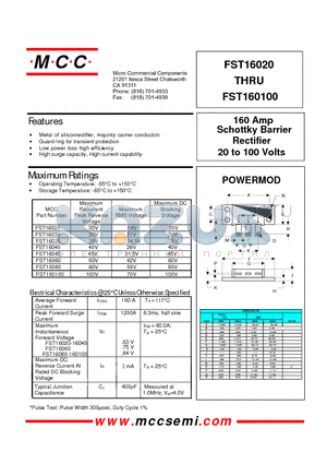 FST160100 datasheet - 160 Amp Rectifier 20 to 100 Volts Schottky Barrier