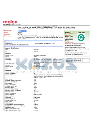 85003-2921 datasheet - 2.54mm (.100) Pitch DIN 41612 C Style Male Header, Right Angle, Through Hole, 0.80lm (32l) Selective Gold (Au) Plating, 96 Circuits, without Mounting Clips