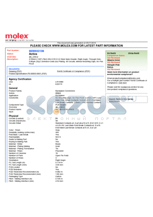 85003-3108 datasheet - 2.54mm (.100) Pitch DIN 41612 C/2 Style Male Header, Right Angle, Through Hole, 0.80lm (32l) Selective Gold (Au) Plating, 48 Circuits, without Mounting Clips