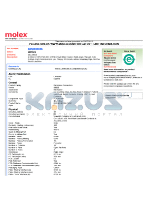 85003-9028 datasheet - 2.54mm (.100) Pitch DIN 41612 C Style Male Header, Right Angle, Through Hole, 0.60lm (24l) Selective Gold (Au) Plating, 32 Circuits, without Mounting Clips