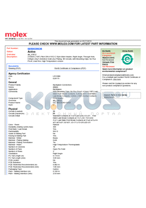 85003-9036 datasheet - 2.54mm (.100) Pitch DIN 41612 C Style Male Header, Right Angle, Through Hole, 0.80lm (32l) Selective Gold (Au) Plating, 96 Circuits, with Mounting Clips