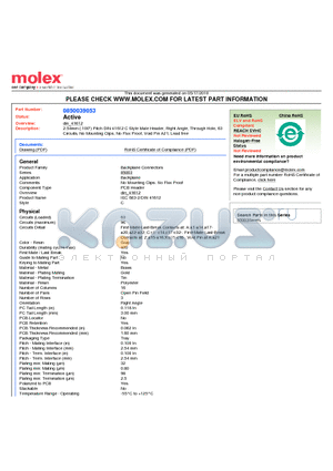 850039053 datasheet - 2.54mm (.100) Pitch DIN 41612 C Style Male Header, Right Angle, Through Hole, 63 Circuits, No Mounting Clips, No Flux Proof, Void Pin A21, Lead free