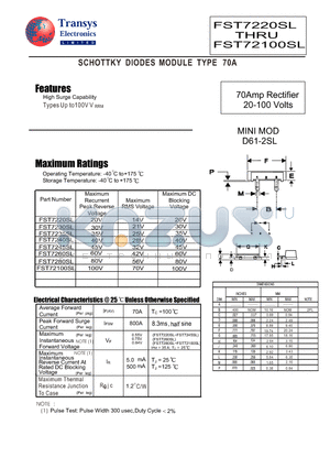 FST7230SL datasheet - SCHOTTKY DIODES MODULE TYPE 70A