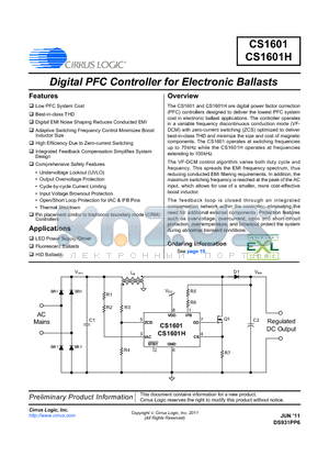 CS1601 datasheet - Digital PFC Controller for Electronic Ballasts