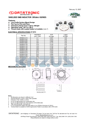 DR358-3-183 datasheet - SHIELDED SMD INDUCTOR