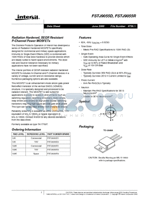 FSTJ9055D3 datasheet - Radiation Hardened, SEGR Resistant P-Channel Power MOSFETs