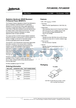 FSTJ9055R1 datasheet - Radiation Hardened, SEGR Resistant P-Channel Power MOSFETs