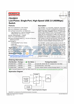 FSUSB31UMX datasheet - Low-Power, Single-Port, High-Speed USB 2.0 (480Mbps) Switch