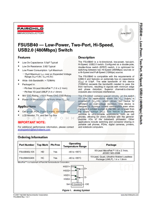 FSUSB40 datasheet - Low-Power, Two-Port, Hi-Speed, USB2.0 (480Mbps) Switch