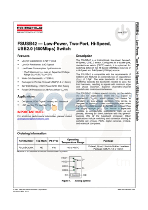 FSUSB42UMX datasheet - Low-Power, Two-Port, Hi-Speed, USB2.0 (480Mbps) Switch