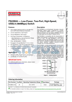 FSUSB43L10X datasheet - Low-Power, Two-Port, High-Speed, USB2.0 (480Mbps) Switch