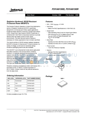 FSYA9150D datasheet - Radiation Hardened, SEGR Resistant P-Channel Power MOSFETs