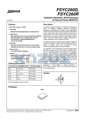 FSYC260R1 datasheet - Radiation Hardened, SEGR Resistant N-Channel Power MOSFETs