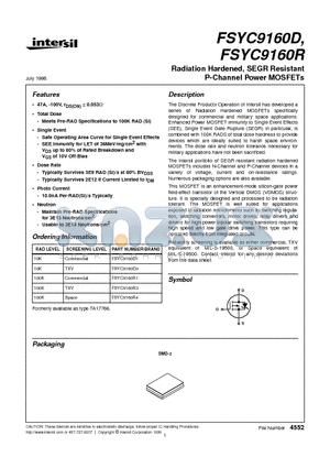 FSYC9160D datasheet - Radiation Hardened, SEGR Resistant P-Channel Power MOSFETs