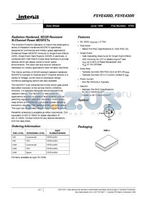 FSYE430R1 datasheet - Radiation Hardened, SEGR Resistant N-Channel Power MOSFETs
