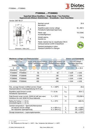 FT2000AD datasheet - Superfast Silicon Rectifiers - Single Diode / Two Polarities