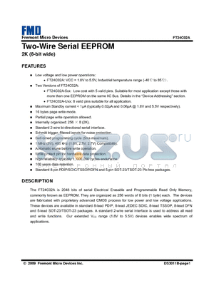 FT24C02A-5SG-T datasheet - The FT24C02A is 2048 bits of serial Electrical Erasable and Programmable Read Only Memory, commonly known as EEPROM.