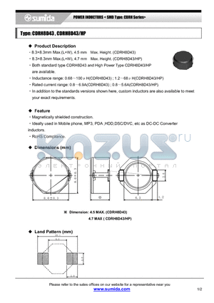 CDRH8D43HPNP-2R7NB datasheet - POWER INDUCTORS < SMD Type: CDRH Series>