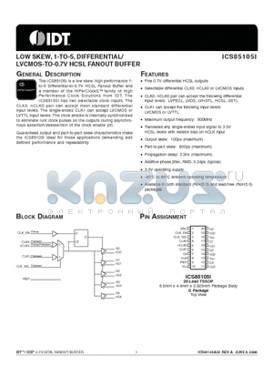 85105AGILF datasheet - LOW SKEW, 1-TO-5, DIFFERENTIAL/LVCMOS-TO-0.7V HCSL FANOUT BUFFER