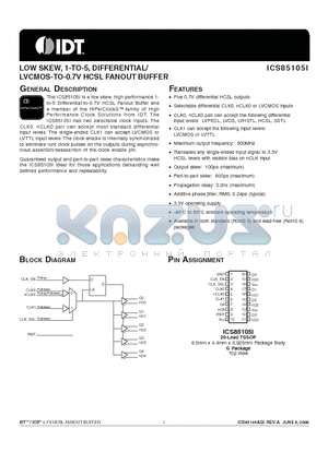 85105AGI datasheet - LOW SKEW, 1-TO-5, DIFFERENTIAL/LVCMOS-TO-0.7V HCSL FANOUT BUFFER