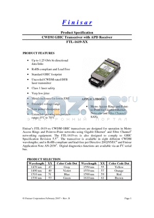 FTL-1619-47 datasheet - CWDM GBIC Transceiver with APD Receiver