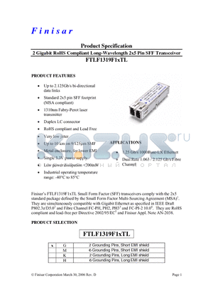 FTLF1319F1GTL datasheet - 2 Gigabit RoHS Compliant Long-Wavelength 2x5 Pin SFF Transceiver