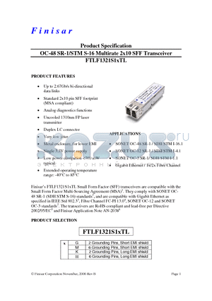 FTLF1321S1MTL datasheet - OC-48 SR-1/STM S-16 Multirate 2x10 SFF Transceiver
