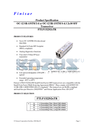 FTLF1322S2GTR datasheet - OC-12 SR-1/STM I-4 or OC-12 IR-1/STM S-4.1 2x10 SFF Transceiver