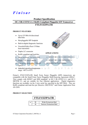 FTLF1323P1WTR datasheet - OC-3 IR-1/STM S-1.1 RoHS Compliant Pluggable SFP Transceiver