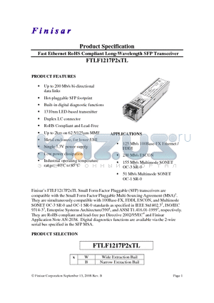 FTLF1217P2BTL datasheet - Fast Ethernet RoHS Compliant Long-Wavelength SFP Transceiver