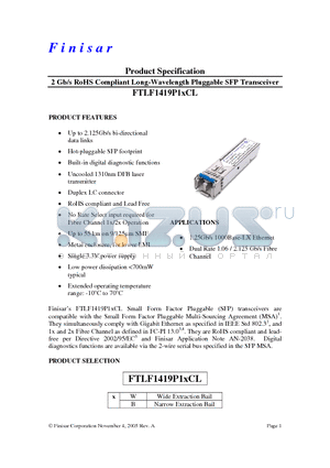FTLF1419P1WCL datasheet - 2 Gb/s RoHS Compliant Long-Wavelength Pluggable SFP Transceiver