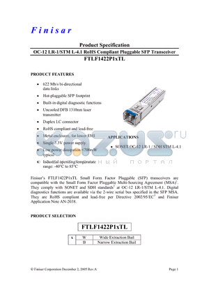 FTLF1422P1WTL datasheet - OC-12 LR-1/STM L-4.1 RoHS Compliant Pluggable SFP Transceiver