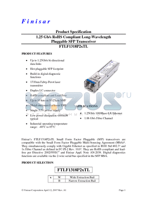 FTLF1318P2BTL datasheet - 1.25 Gb/s RoHS Compliant Long-Wavelength Pluggable SFP Transceiver