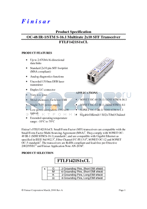 FTLF1421S1GCL datasheet - OC-48 IR-1/STM S-16.1 Multirate 2x10 SFF Transceiver