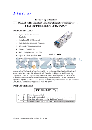 FTLF1424P2BCL datasheet - 4 Gigabit RoHS Compliant Long-Wavelength SFP Transceiver
